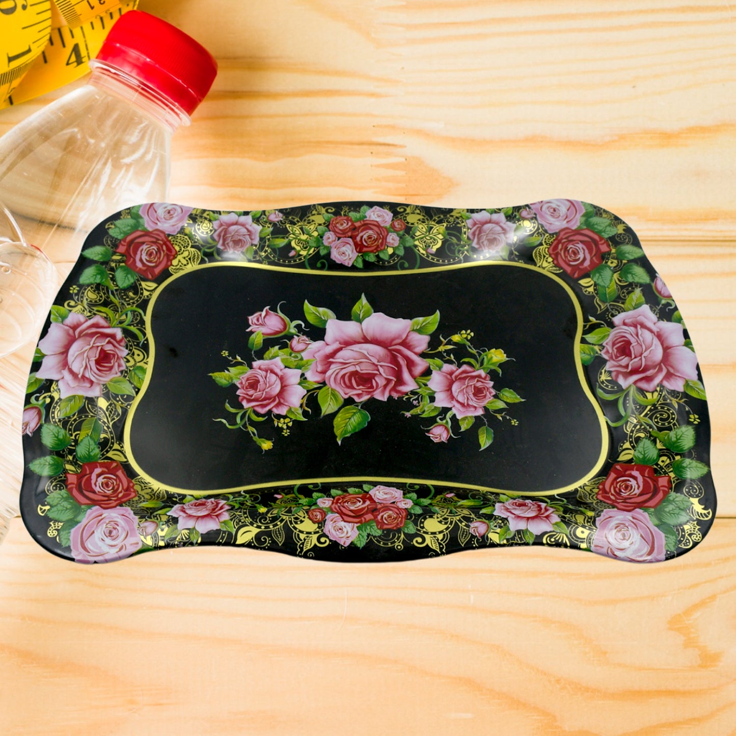 5537 Stainless Steel Serving Tray With Flower Printed Rectangle Premium Dining Table Plate (18 X 8.5 Inch 1 Pc)