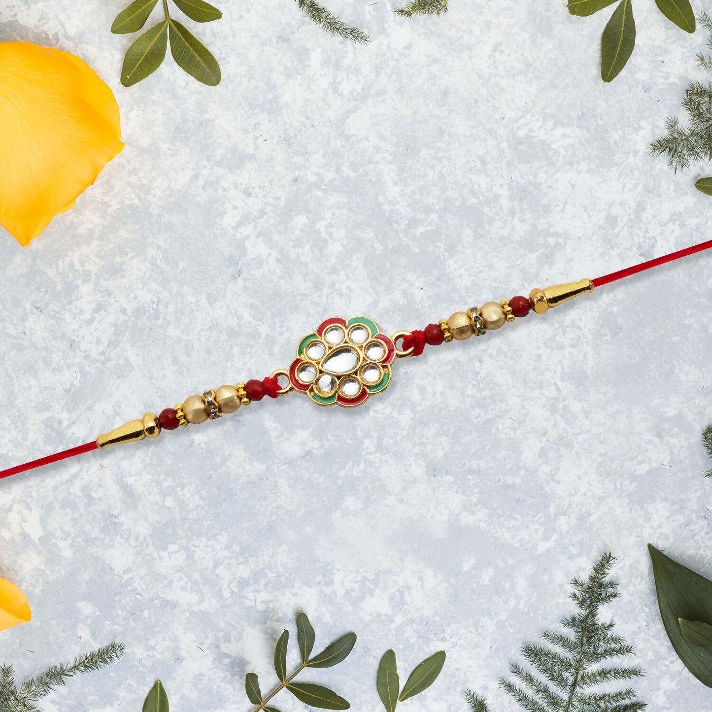 Kundan Work Floral Rakhi With Red Thread