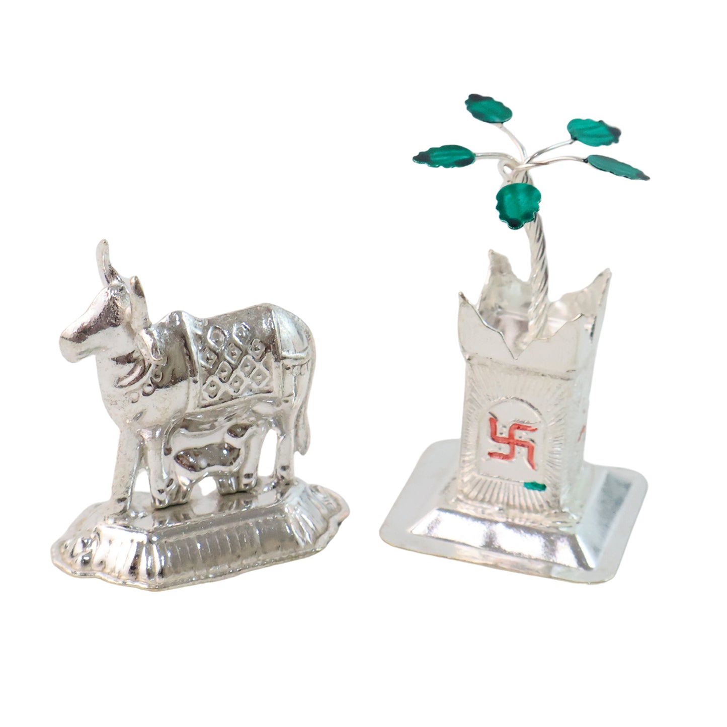Silver-plated Kamdhenu Cow Tulsi Plant Pair Pooja Home Dcor