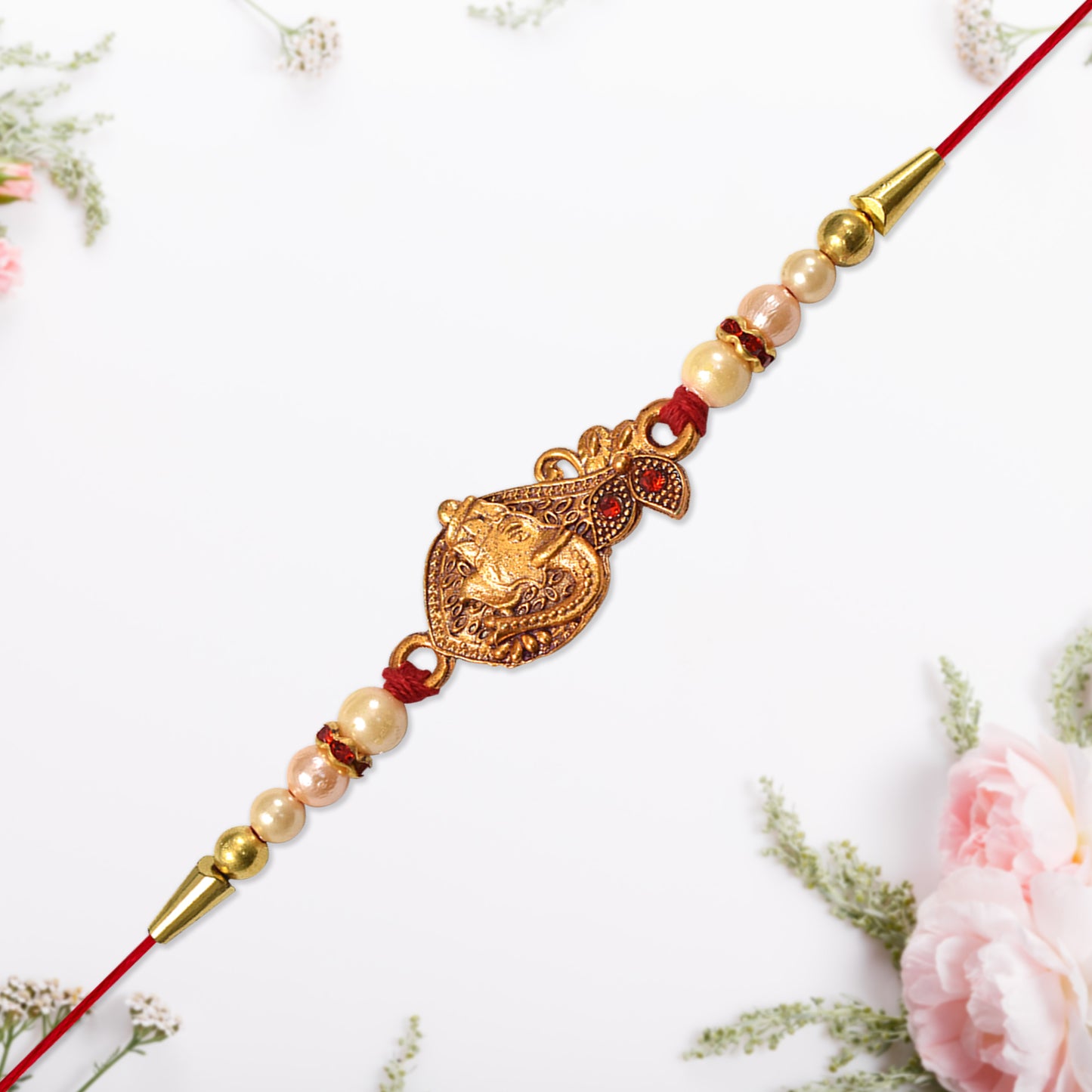 Graceful Golden Peacock Rakhi With Pearl Beads And Red Thread Traditional Raksha Bandhan Bracelet For Brother