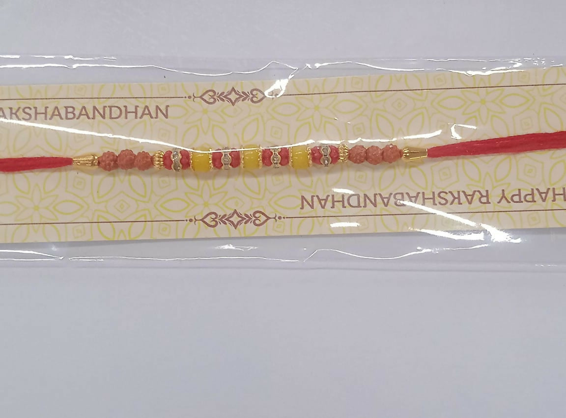 Vibrant Yellow And Red Beaded Rakhi With Stone Detailing And Red Thread Festive Raksha Bandhan Bracelet For Brother
