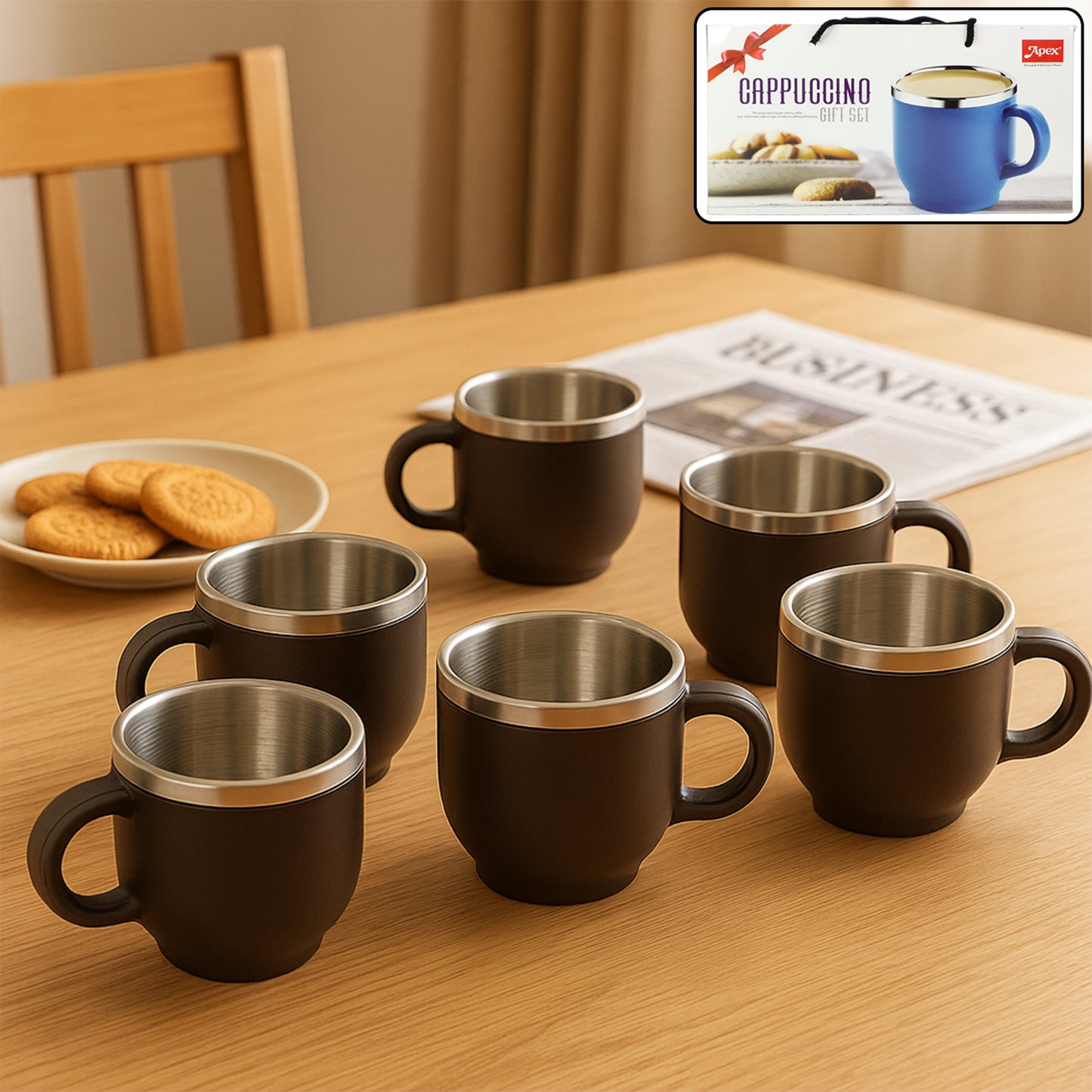 Apex Premium Double Wall Stainless Steel Cappuccino Mug Gift Set (6 Pc 100 Ml)