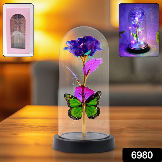 Led Preserved Rose With Colorful Butterfly In Plastic Dome (1 Pc  Mix Color)