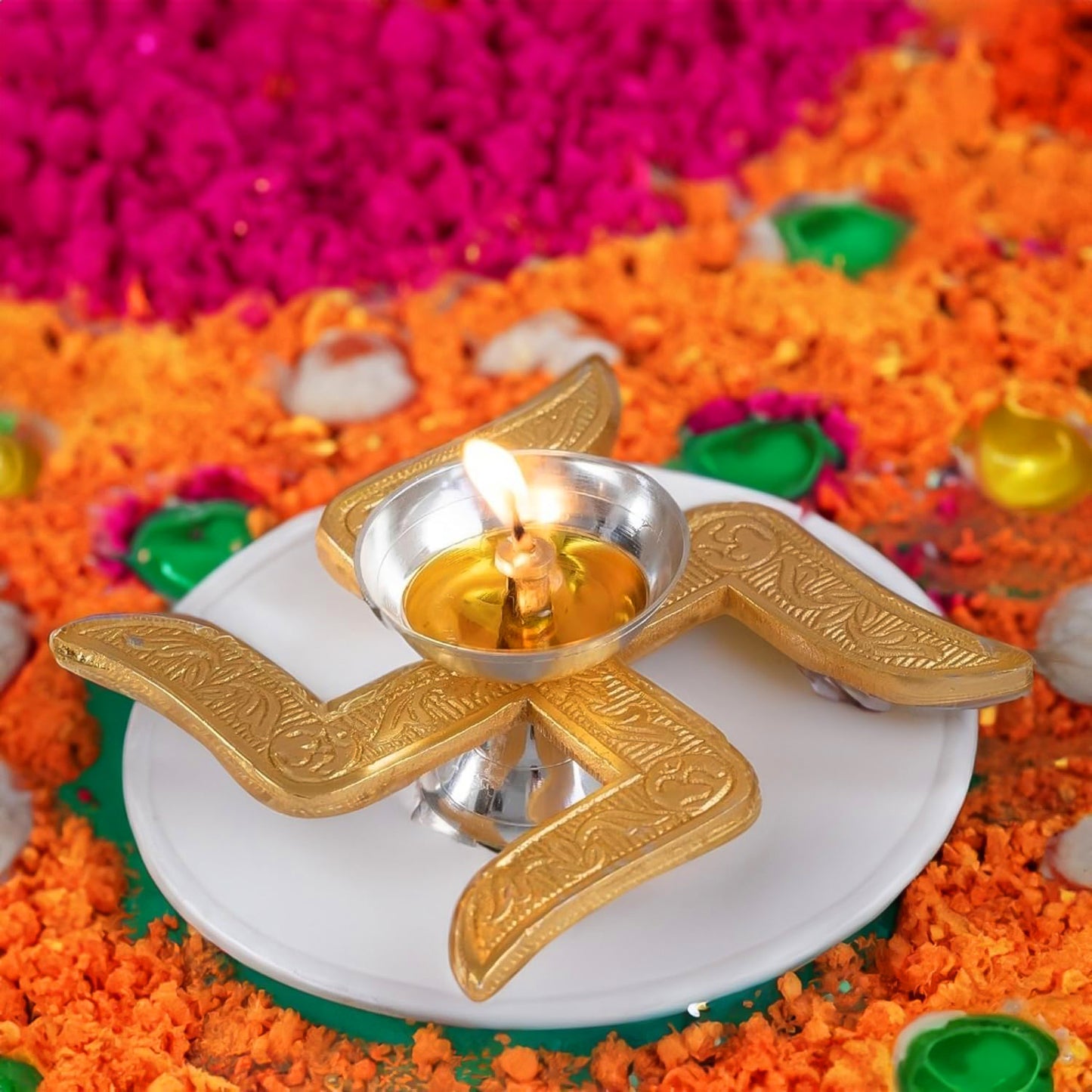 Auspicious Swastik-base Pooja Diya - (1 Pc)