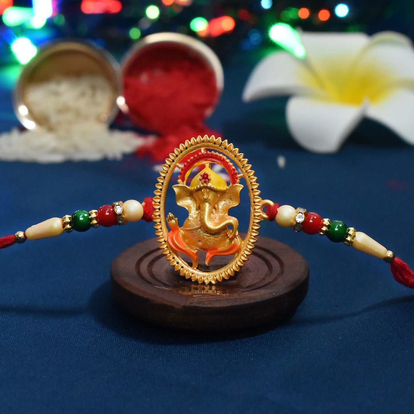 Lord Ganesha Rakhi With Golden Oval Medallion And Beaded Design  Spiritual Raksha Bandhan Thread For Brother