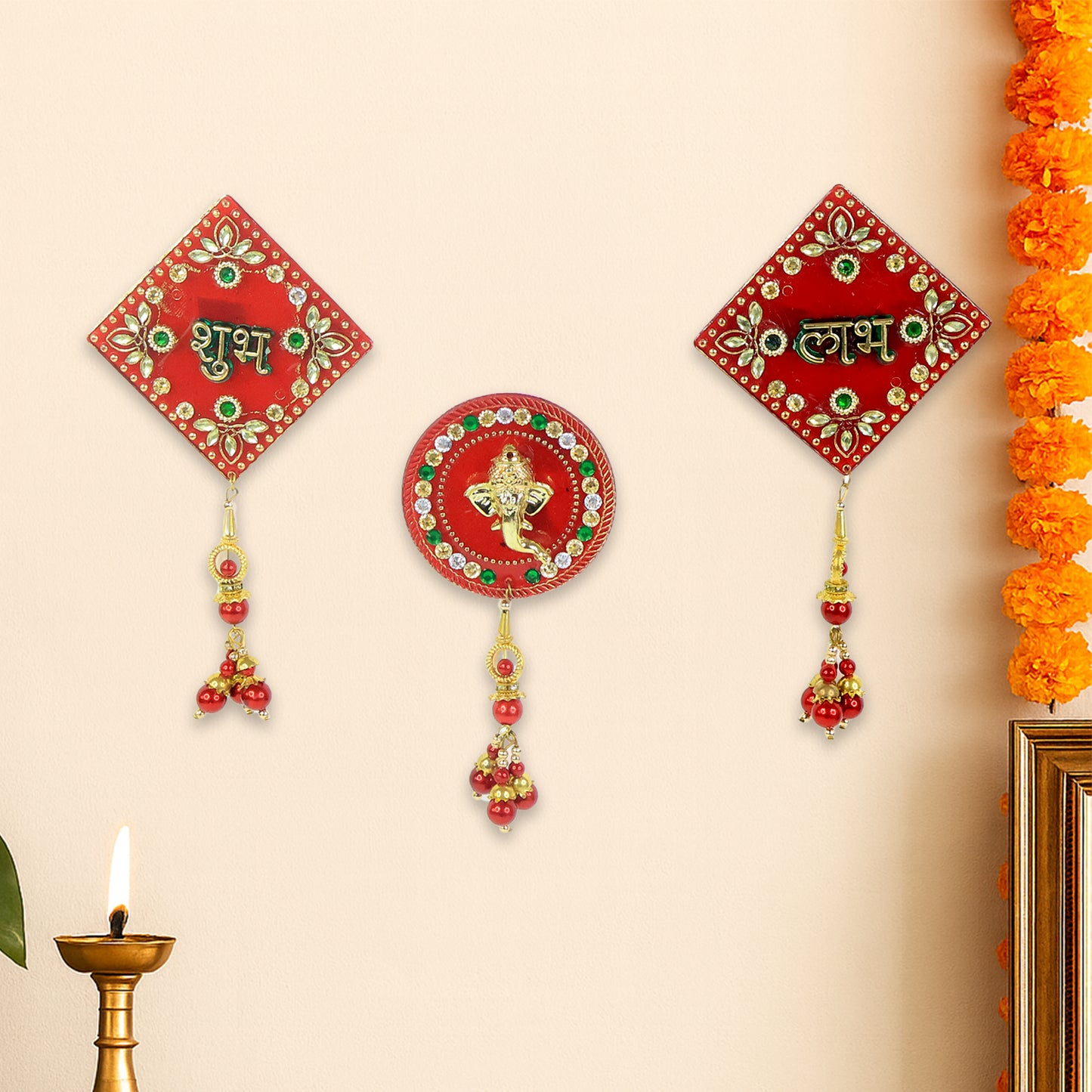 Decorative Wall Hanging Set With Shubh Labh And Ganesh Design (3 Pc)