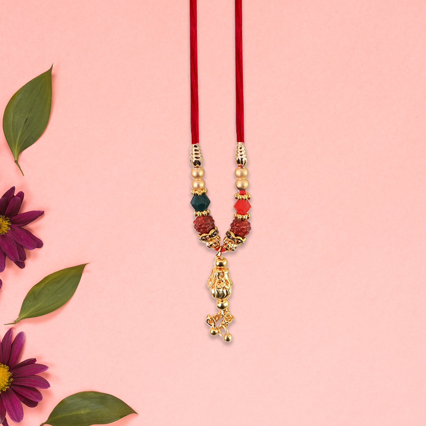 Bhabhi Lumba Rakhi With Multicolor Beads And Hanging Chain Charm On Red Thread