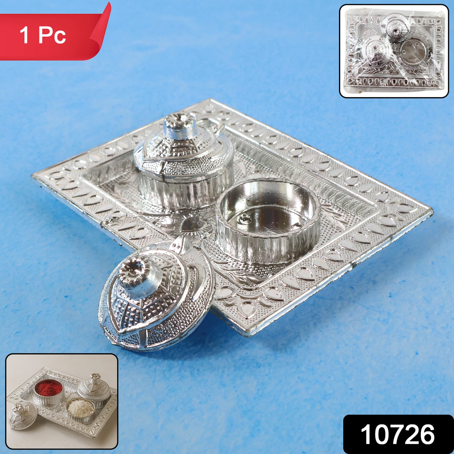 Silver-finish Pooja Kumkum Box Tray - (1 Pc)
