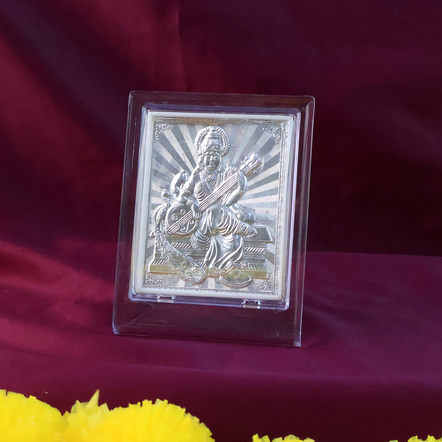 Elegant Silver Saraswati Maa Photo Frame With Stand (1 Pc)
