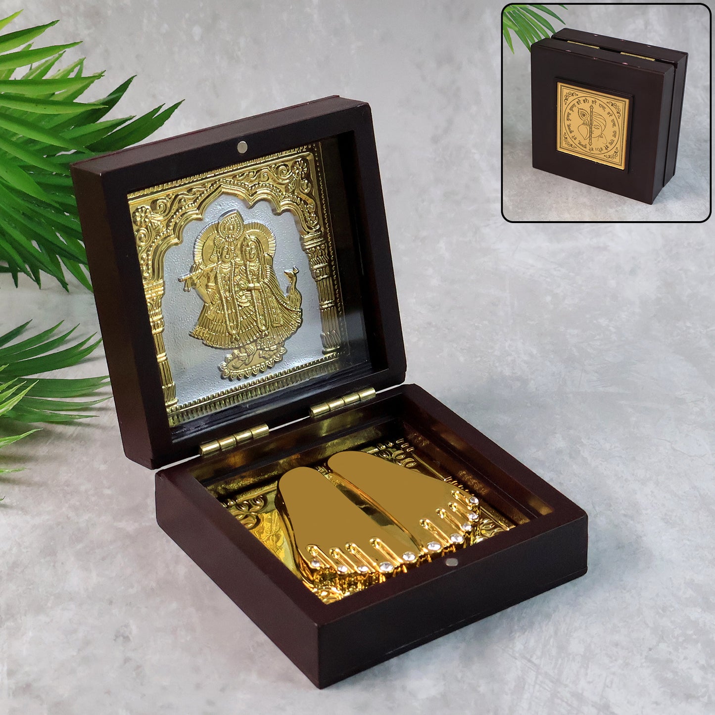 Golden Charan Paduka In Wooden Box  Spiritual Gift  Pooja Accessory