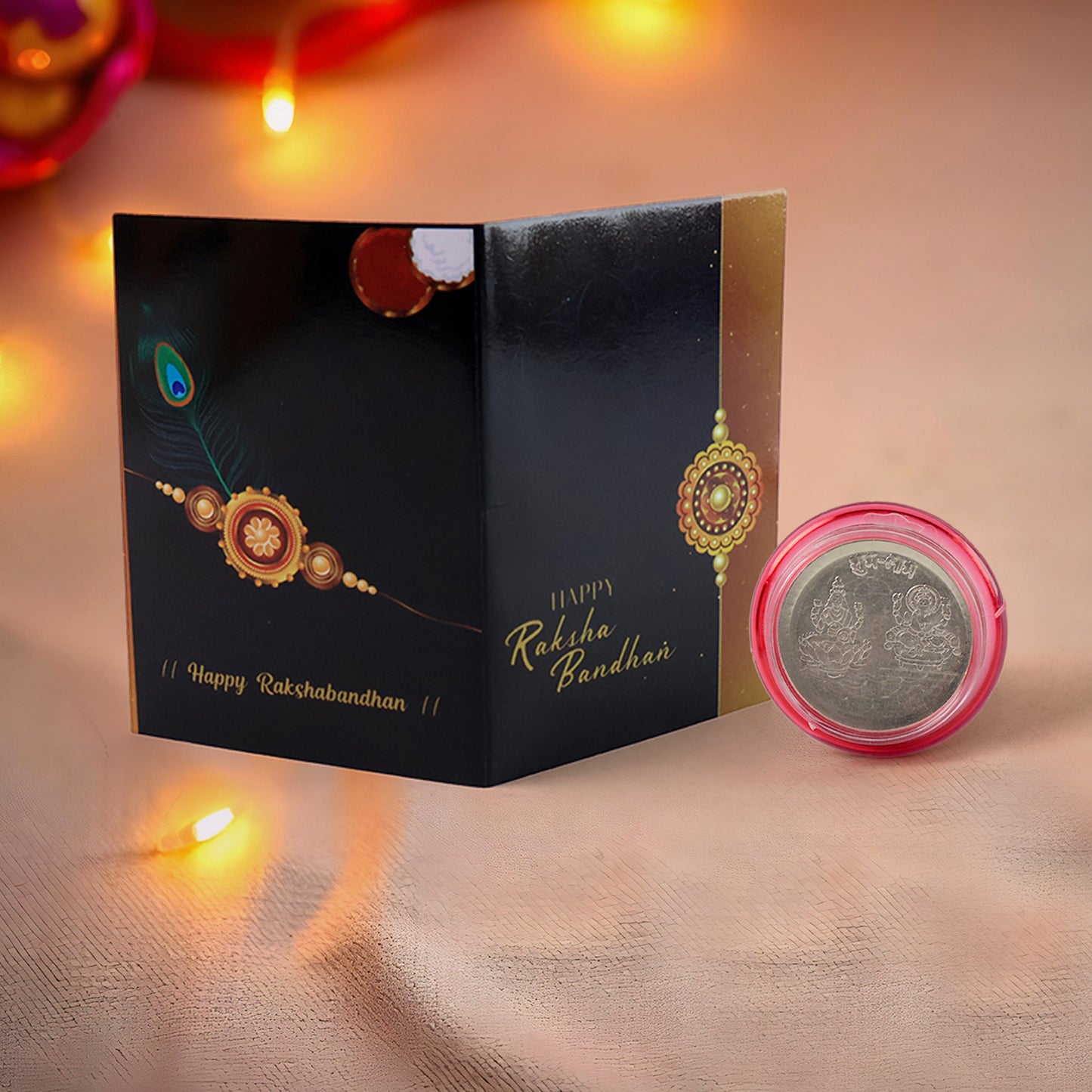 Raksha Bandhan Gift Set  Roli Chawal With Greeting Card  Silver-coated Coin
