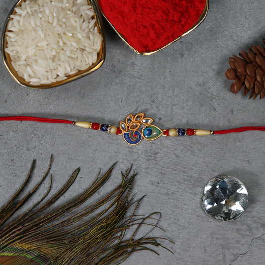Artistic Mor Pankh Rakhi With Colorful Enamel And Traditional Thread