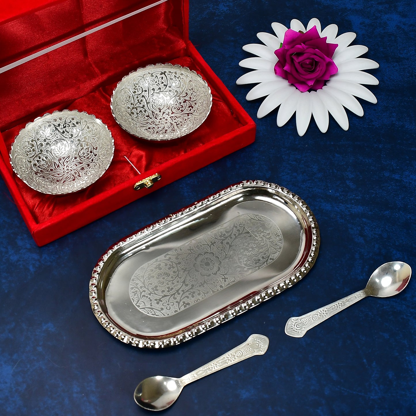 2947a Silver Plated 2 Bowl 2 Spoon Tray Set Brass With Red Velvet Gift Box Serving Dry Fruits Desserts Gift