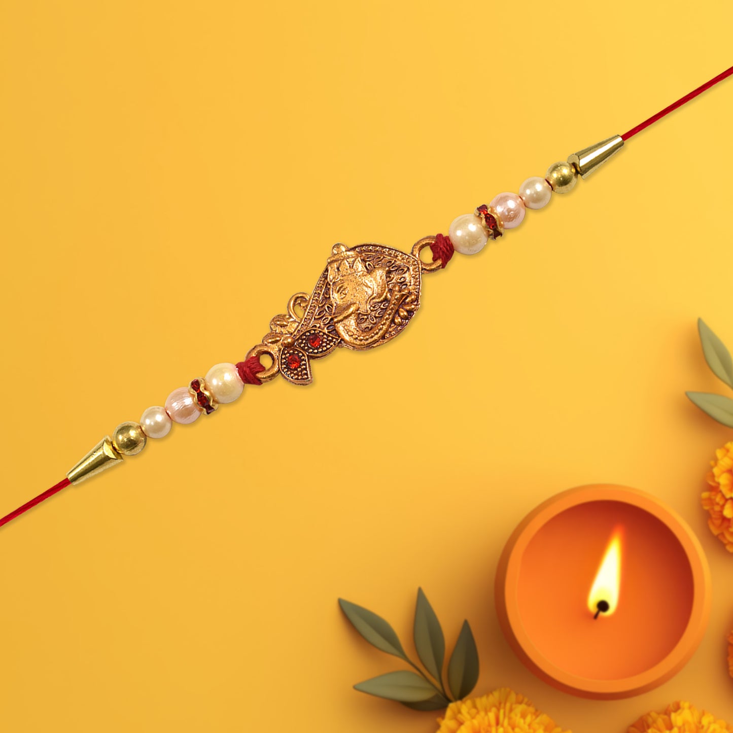 Graceful Golden Peacock Rakhi With Pearl Beads And Red Thread  Traditional Raksha Bandhan Bracelet For Brother