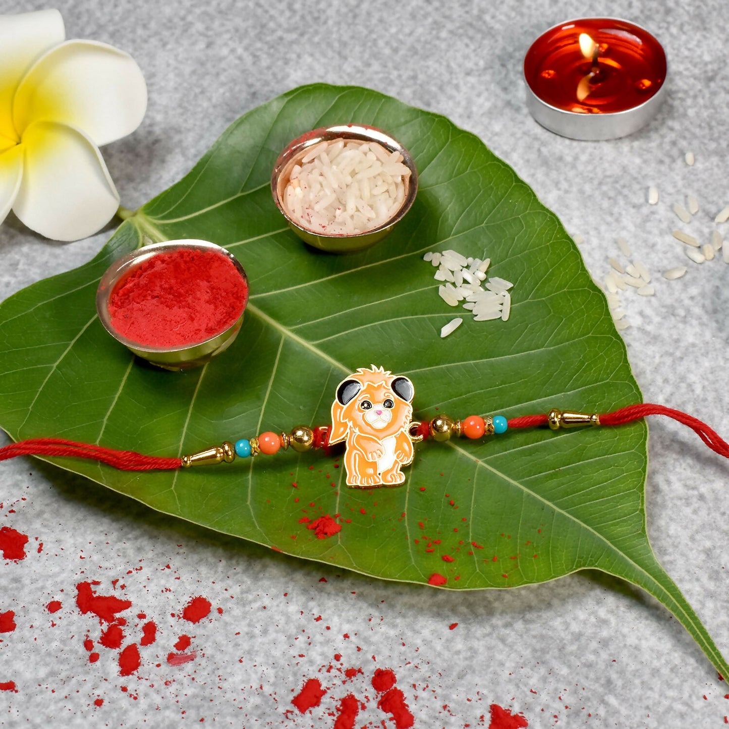 Cute Lion Cartoon Kids Rakhi With Multicolor Beads And Red Thread