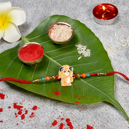 Cute Lion Cartoon Kids Rakhi With Multicolor Beads And Red Thread