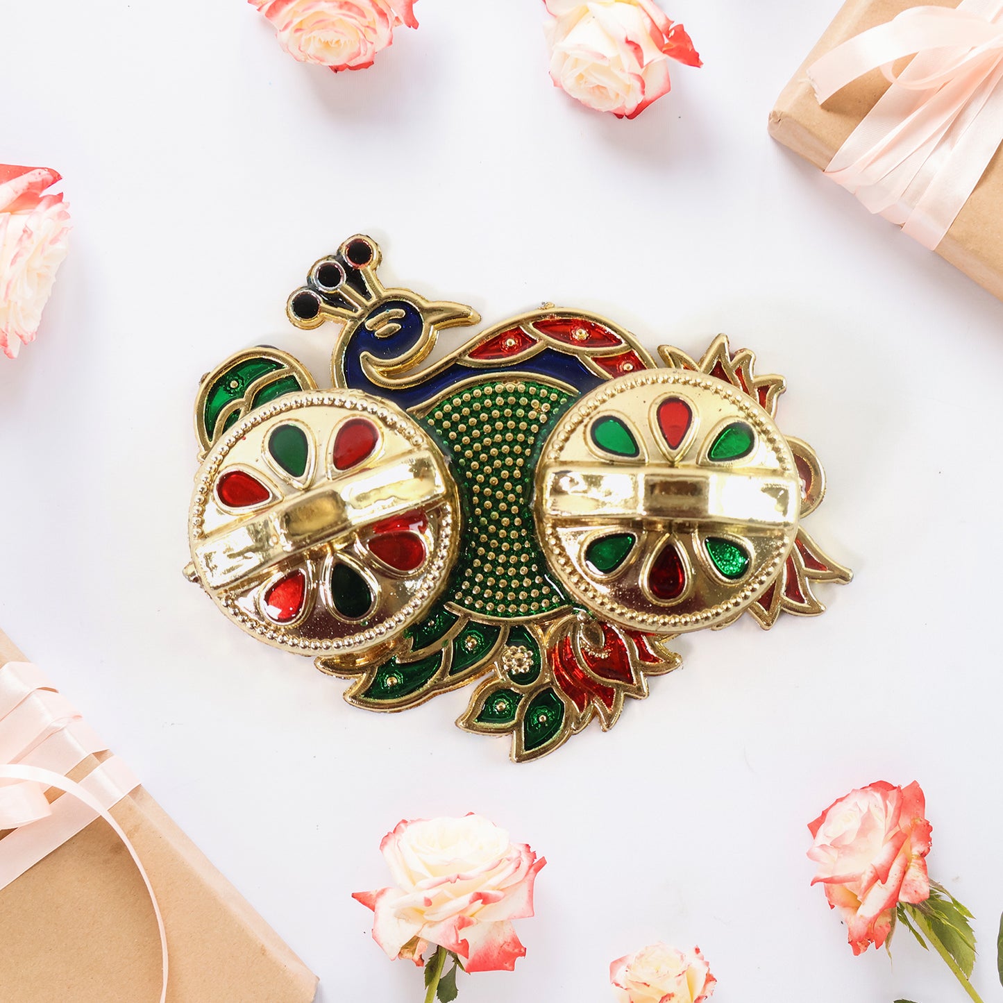 Peacock Design Metal Kumkum  Rolichawal Box - (1 Pc)