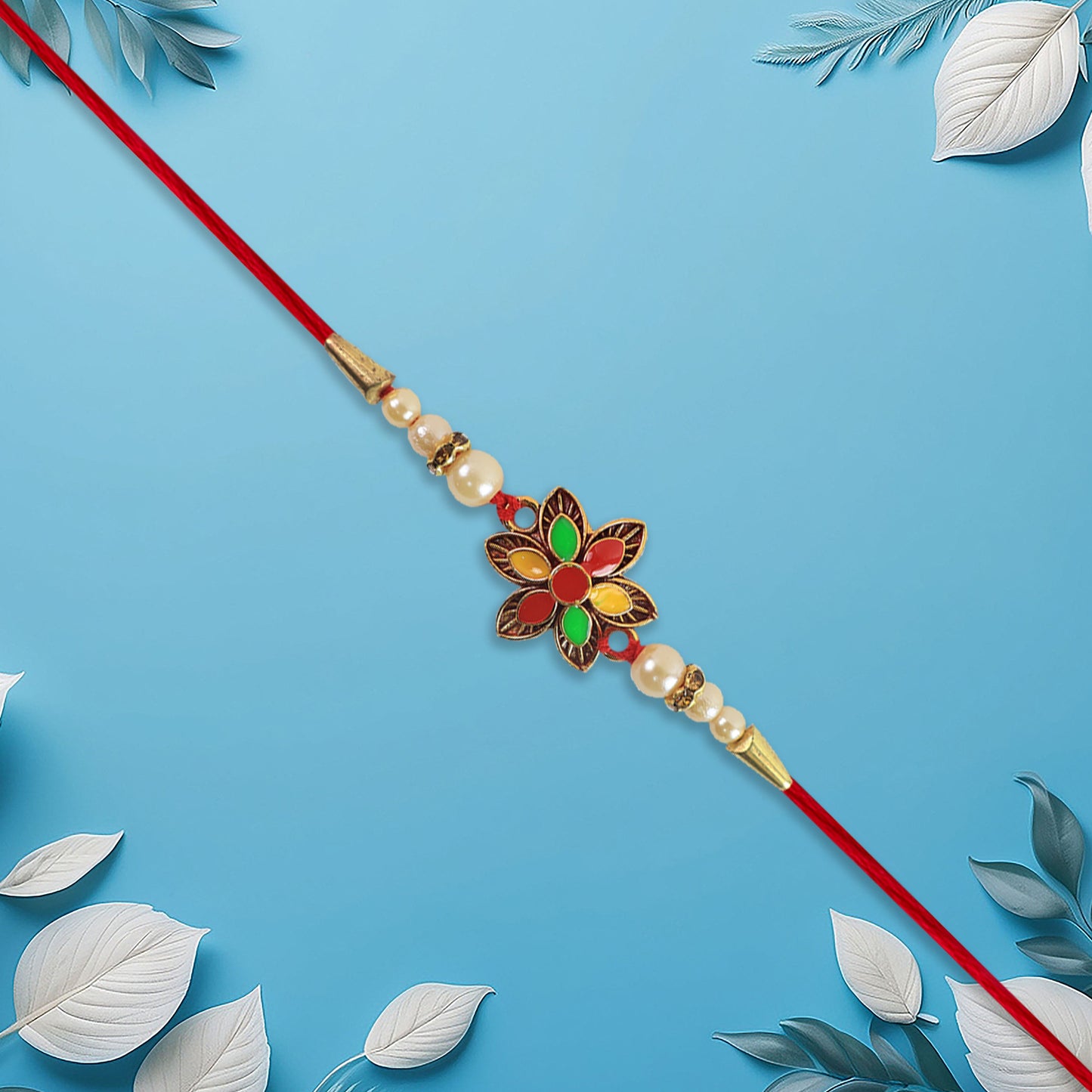 Multicolor Floral Rakhi With Pearl Beads And Red Thread  Festive Designer Bracelet For Raksha Bandhan