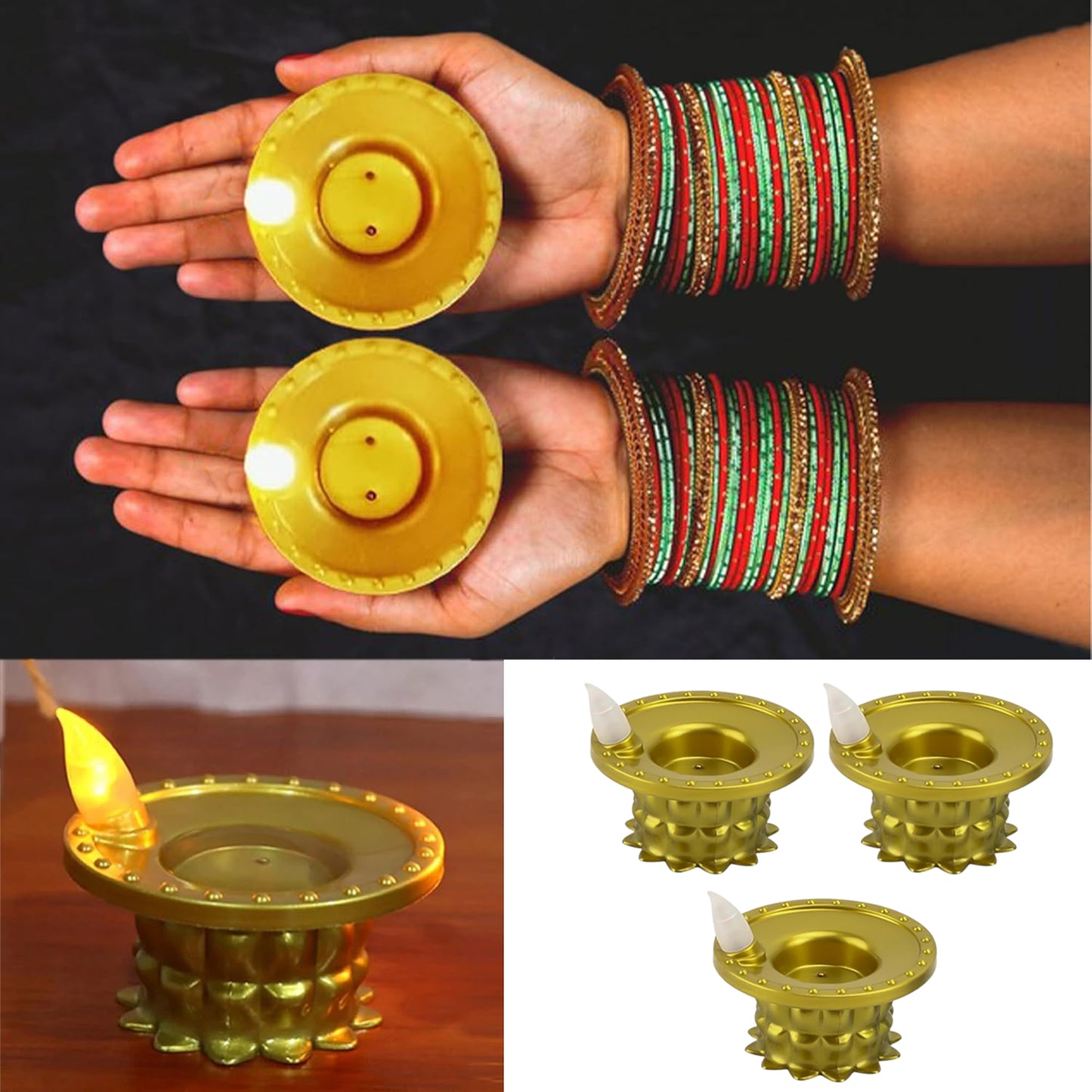 Set Of 3 Water Sensor Led Golden Diyas