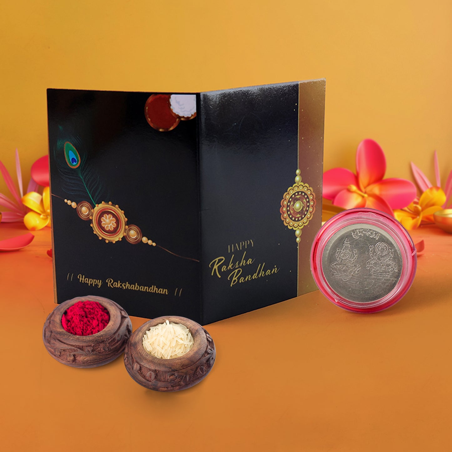 Raksha Bandhan Gift Set  Roli Chawal With Greeting Card  Silver-coated Coin