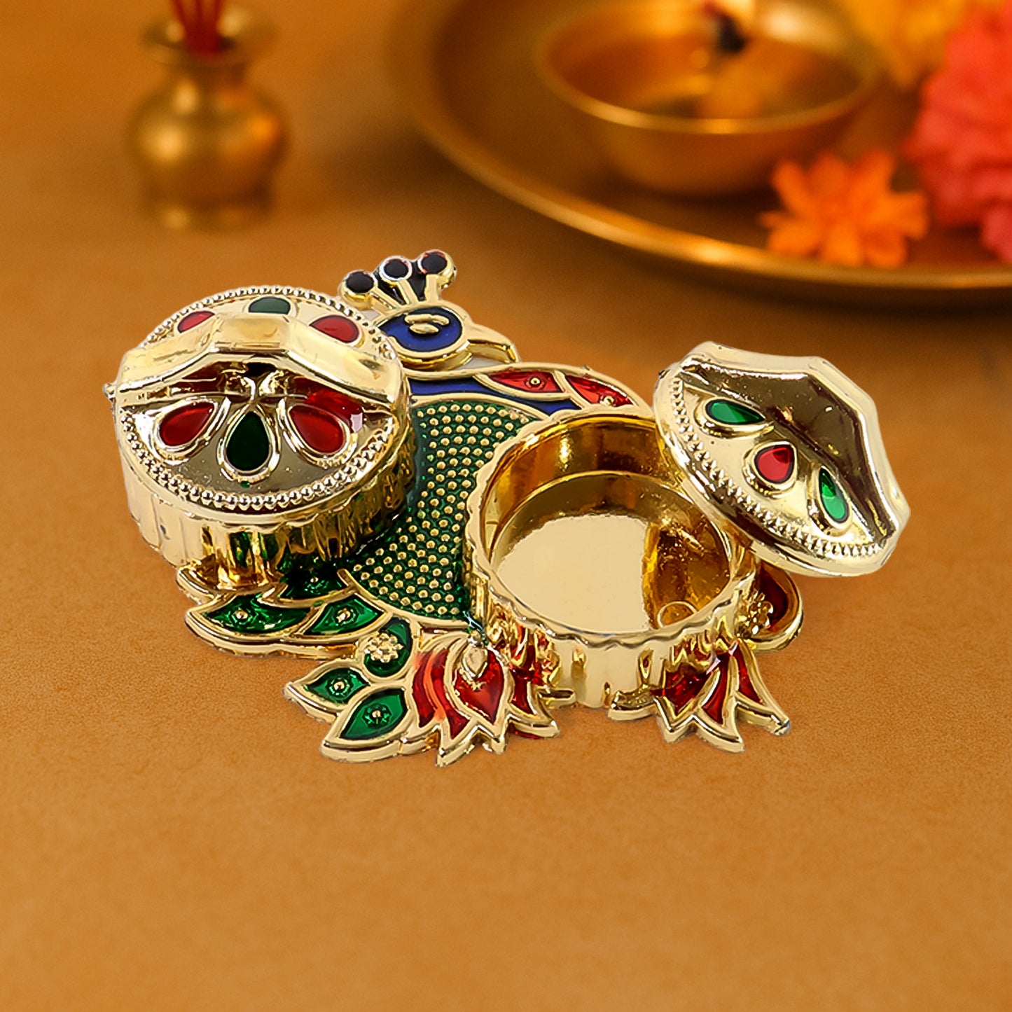 Peacock Design Metal Kumkum  Rolichawal Box - (1 Pc)