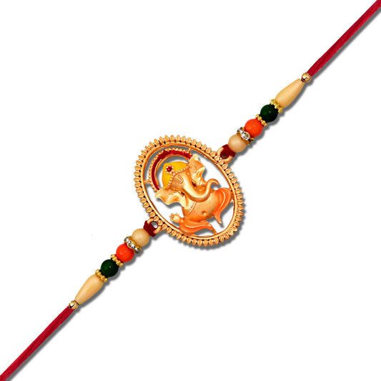 Lord Ganesha Rakhi With Golden Oval Medallion And Beaded Design  Spiritual Raksha Bandhan Thread For Brother