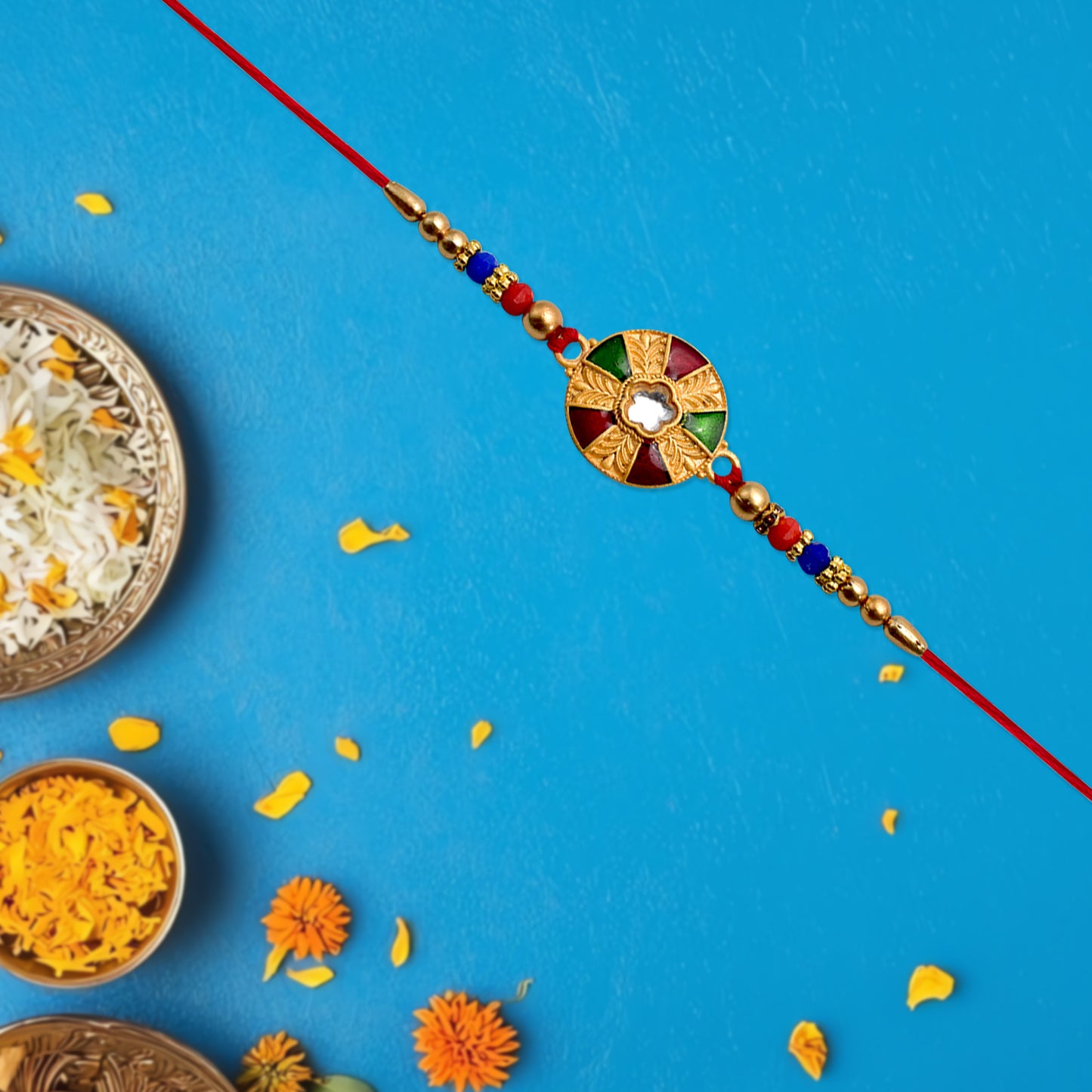 Elegant Multicolor Kundan Rakhi With Golden Floral Round Dial And Beaded Red Thread