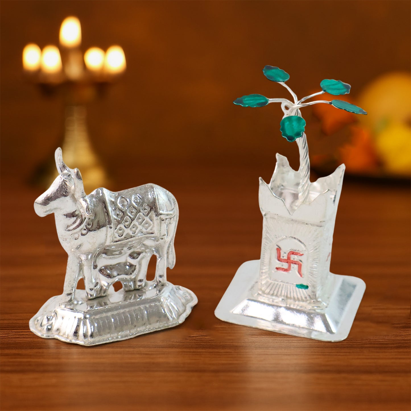 Silver-plated Kamdhenu Cow  Tulsi Plant Pair  Pooja  Home Dcor