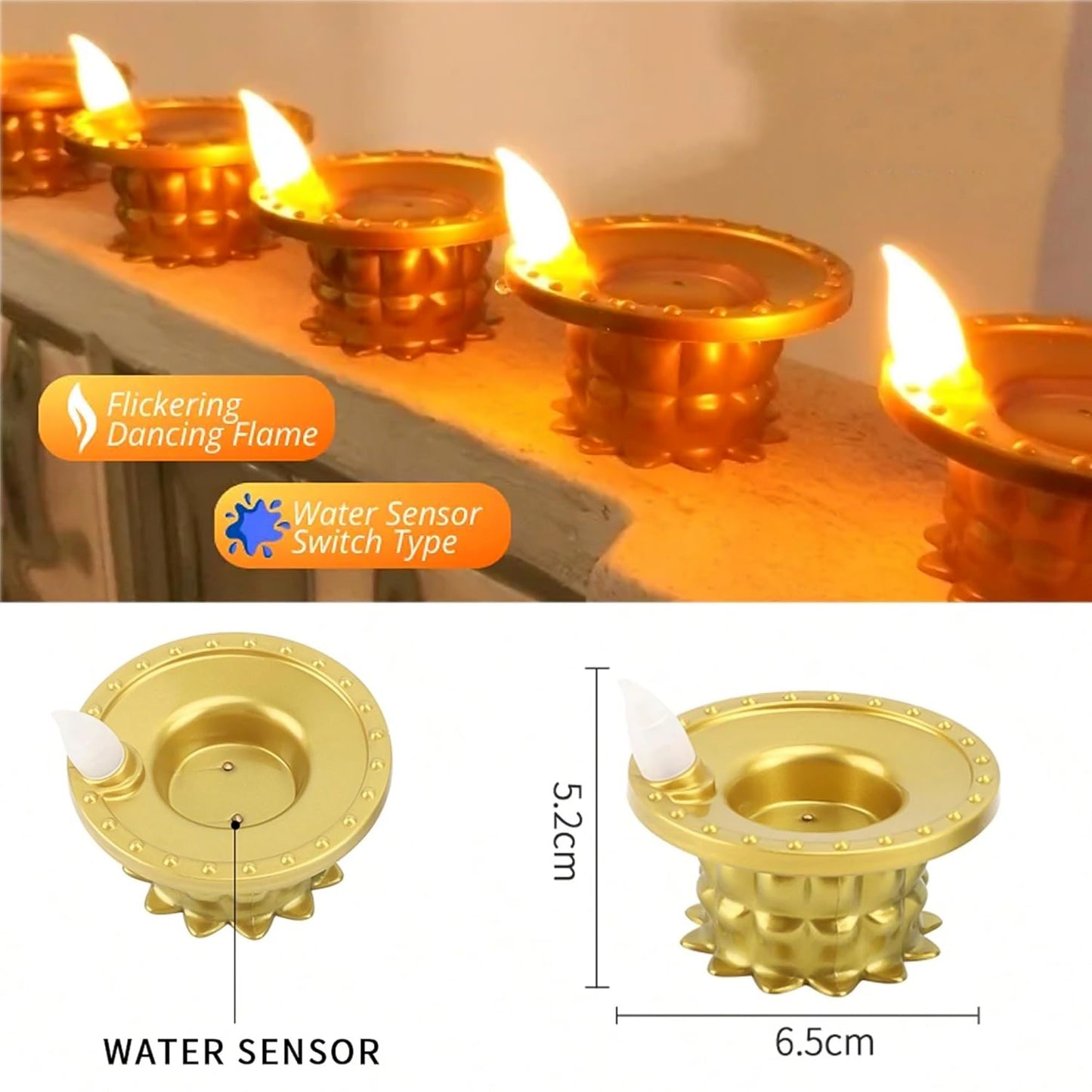 Set Of 3 Water Sensor Led Golden Diyas