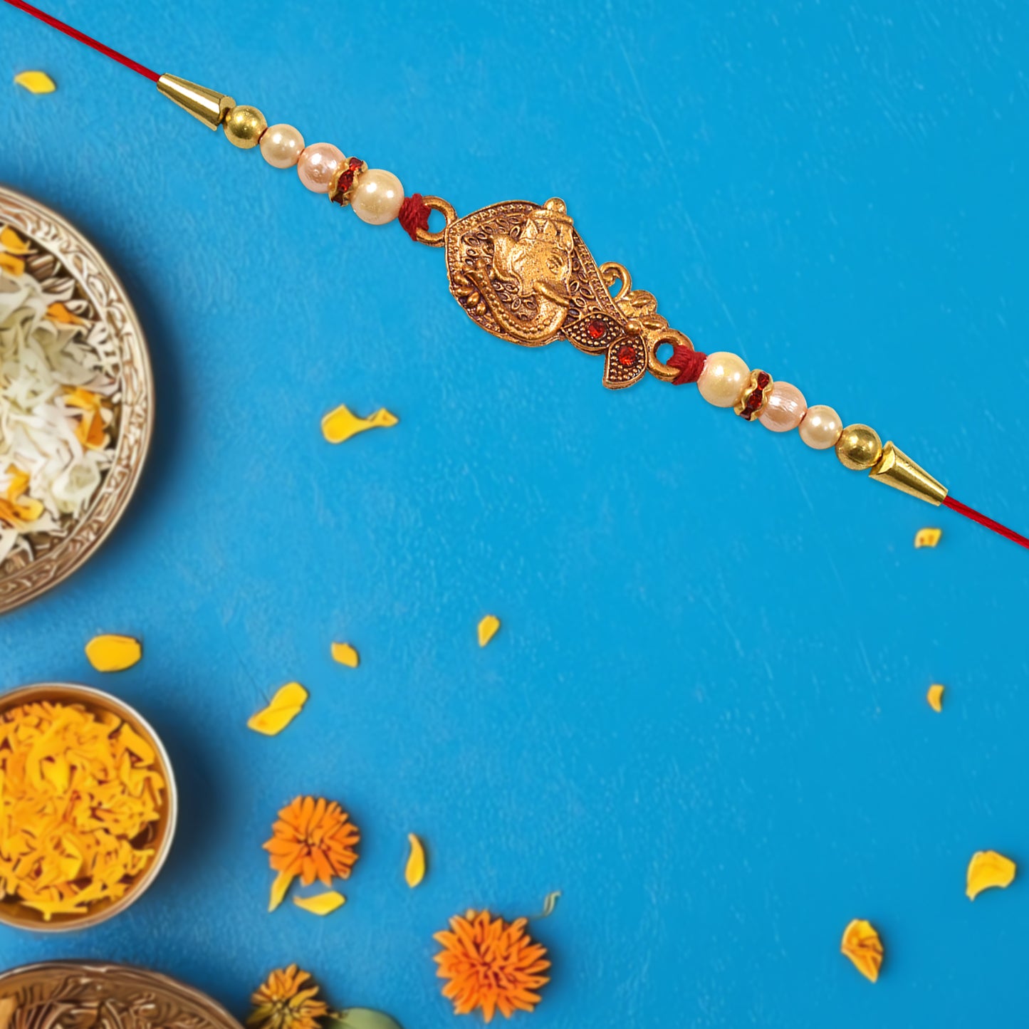 Graceful Golden Peacock Rakhi With Pearl Beads And Red Thread  Traditional Raksha Bandhan Bracelet For Brother